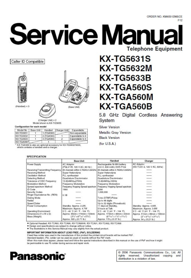 KX-TG5631S, KX-TG5632M, KX-TG5633B, KX-TGA560S